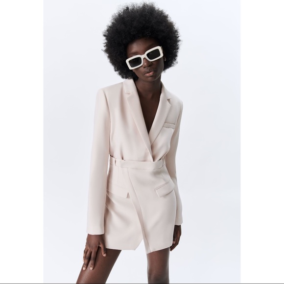 ZARA Blogger Fav Long Sleeve Structured Mini Blazer Dress Pastel Yellow Cream - Picture 8 of 16